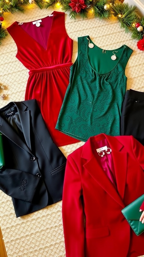 Festive Christmas Party Outfit Ideas A collection of stylish Christmas party outfits including dresses and suits with festive accessories.